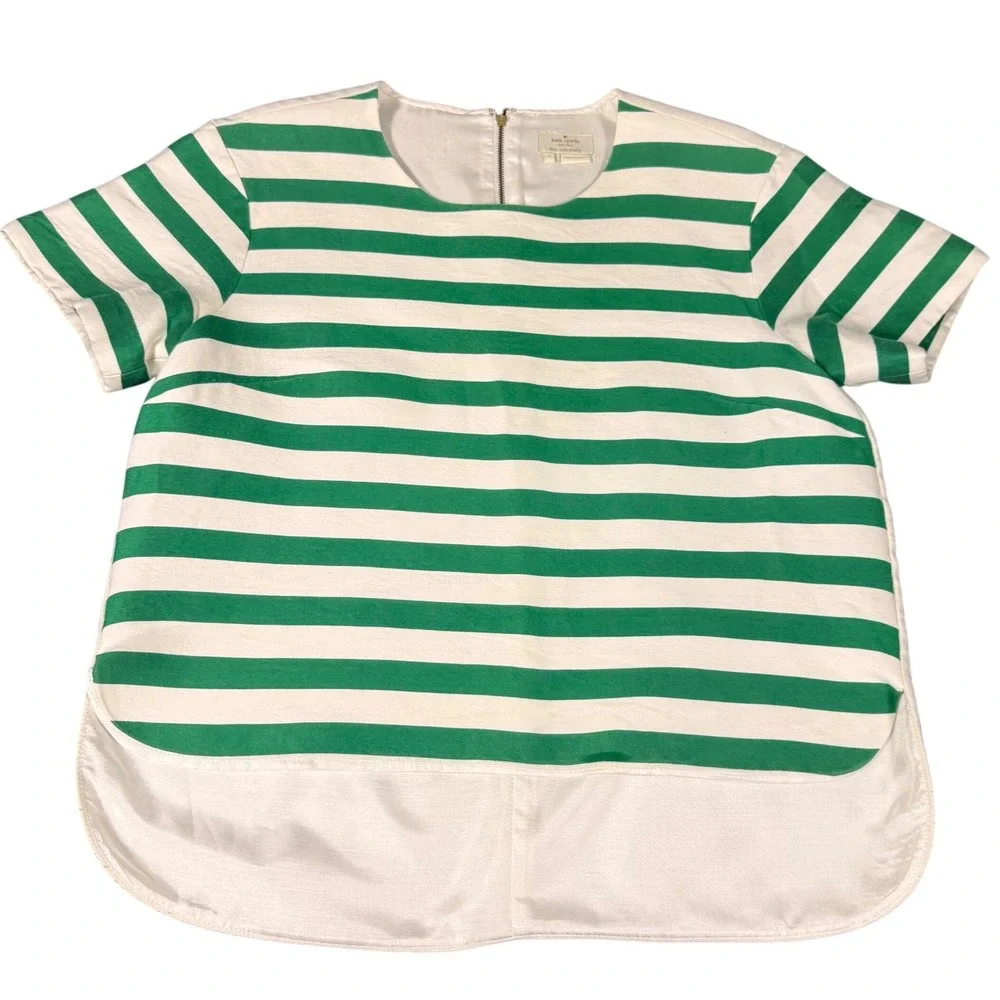 Kate Spade Green White Striped Silk Blend‎ High Low Blouse Top Size 8